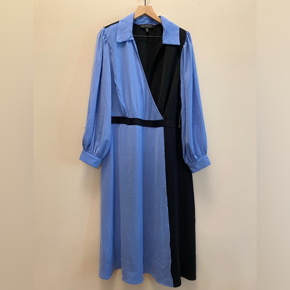 Eloquii Long Sleeve Sulpice Collar Blue and Black Dress Shoulder Pad Size 18 NWT